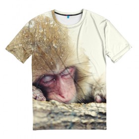 Мужская футболка 3D с принтом Обезьянка спит в Петрозаводске, 100% полиэфир | прямой крой, круглый вырез горловины, длина до линии бедер | бабуин | животное | обезьяна | орангутанг | примат