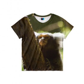 Детская футболка 3D с принтом Обезьянка на дереве в Петрозаводске, 100% гипоаллергенный полиэфир | прямой крой, круглый вырез горловины, длина до линии бедер, чуть спущенное плечо, ткань немного тянется | Тематика изображения на принте: 