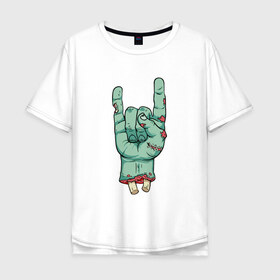 Мужская футболка хлопок Oversize с принтом Зомби рок в Петрозаводске, 100% хлопок | свободный крой, круглый ворот, “спинка” длиннее передней части | Тематика изображения на принте: зомби | кисть | кости | рок | рука
