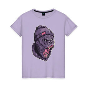 Женская футболка хлопок с принтом Злая горилла в Петрозаводске, 100% хлопок | прямой крой, круглый вырез горловины, длина до линии бедер, слегка спущенное плечо | арт | взгляд | гипноз | гнев | горилла | животные | зубы | кинг конг | клыки | обезьяна | пасть | шапка
