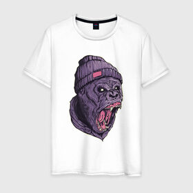 Мужская футболка хлопок с принтом Злая горилла в Петрозаводске, 100% хлопок | прямой крой, круглый вырез горловины, длина до линии бедер, слегка спущенное плечо. | арт | взгляд | гипноз | гнев | горилла | животные | зубы | кинг конг | клыки | обезьяна | пасть | шапка