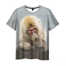 Мужская футболка 3D с принтом Японская макака в Петрозаводске, 100% полиэфир | прямой крой, круглый вырез горловины, длина до линии бедер | макак | мартышка | обезьяна | палец | япония
