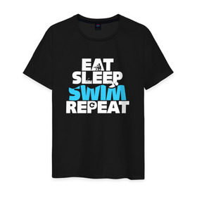 Мужская футболка хлопок с принтом eat sleep swim repeat в Петрозаводске, 100% хлопок | прямой крой, круглый вырез горловины, длина до линии бедер, слегка спущенное плечо. | swim | плавание | пловец