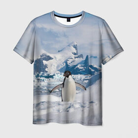 Мужская футболка 3D с принтом Пингвин в горах в Петрозаводске, 100% полиэфир | прямой крой, круглый вырез горловины, длина до линии бедер | айсберг | антарктида | антарктика | арктика | буревестник | глупый | императорский | клюв | королевский | крылья | ласты | лёд | линукс | океан | пилигрим | полюс | птица | север | снег | умка | фрак