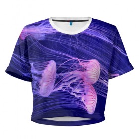 Женская футболка 3D укороченная с принтом Розовые медузы в Петрозаводске, 100% полиэстер | круглая горловина, длина футболки до линии талии, рукава с отворотами | аквариум | вода | дайвинг | милые | море | океан | плывет | подводный мир | рыбалка | рыбка | рыбы | стая | фауна