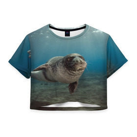 Женская футболка 3D укороченная с принтом Тюлень под водой в Петрозаводске, 100% полиэстер | круглая горловина, длина футболки до линии талии, рукава с отворотами | вода | дайвинг | жирный | косяк | красивые | милые | море | морская | морской котик | океан | плывет | подводный мир | прикольные | речная | рыба | рыбалка | стая | тюлень | усатый кот | фауна | чешуя