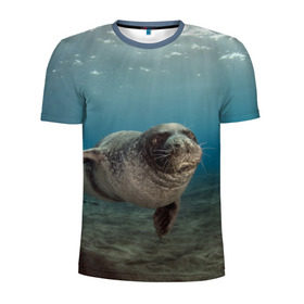 Мужская футболка 3D спортивная с принтом Тюлень под водой в Петрозаводске, 100% полиэстер с улучшенными характеристиками | приталенный силуэт, круглая горловина, широкие плечи, сужается к линии бедра | Тематика изображения на принте: вода | дайвинг | жирный | косяк | красивые | милые | море | морская | морской котик | океан | плывет | подводный мир | прикольные | речная | рыба | рыбалка | стая | тюлень | усатый кот | фауна | чешуя