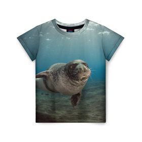 Детская футболка 3D с принтом Тюлень под водой в Петрозаводске, 100% гипоаллергенный полиэфир | прямой крой, круглый вырез горловины, длина до линии бедер, чуть спущенное плечо, ткань немного тянется | вода | дайвинг | жирный | косяк | красивые | милые | море | морская | морской котик | океан | плывет | подводный мир | прикольные | речная | рыба | рыбалка | стая | тюлень | усатый кот | фауна | чешуя