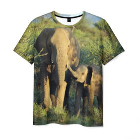 Мужская футболка 3D с принтом Слониха и слоненок в природе в Петрозаводске, 100% полиэфир | прямой крой, круглый вырез горловины, длина до линии бедер | африка | африканский | бивни | большой | гигант джунгли | зоопарк | индийский | индия | лесной великан | мамонт | огромный | саванна | сафари | серый | слон | слоненок | слониха | стадо | уши | хобот