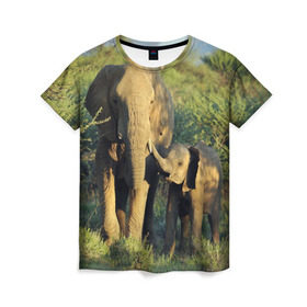 Женская футболка 3D с принтом Слониха и слоненок в природе в Петрозаводске, 100% полиэфир ( синтетическое хлопкоподобное полотно) | прямой крой, круглый вырез горловины, длина до линии бедер | африка | африканский | бивни | большой | гигант джунгли | зоопарк | индийский | индия | лесной великан | мамонт | огромный | саванна | сафари | серый | слон | слоненок | слониха | стадо | уши | хобот