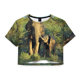 Женская футболка 3D укороченная с принтом Слониха и слоненок в природе в Петрозаводске, 100% полиэстер | круглая горловина, длина футболки до линии талии, рукава с отворотами | африка | африканский | бивни | большой | гигант джунгли | зоопарк | индийский | индия | лесной великан | мамонт | огромный | саванна | сафари | серый | слон | слоненок | слониха | стадо | уши | хобот