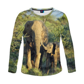 Женский лонгслив 3D с принтом Слониха и слоненок в природе в Петрозаводске, 100% полиэстер | длинные рукава, круглый вырез горловины, полуприлегающий силуэт | африка | африканский | бивни | большой | гигант джунгли | зоопарк | индийский | индия | лесной великан | мамонт | огромный | саванна | сафари | серый | слон | слоненок | слониха | стадо | уши | хобот