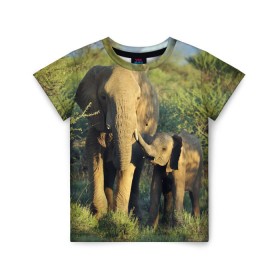 Детская футболка 3D с принтом Слониха и слоненок в природе в Петрозаводске, 100% гипоаллергенный полиэфир | прямой крой, круглый вырез горловины, длина до линии бедер, чуть спущенное плечо, ткань немного тянется | Тематика изображения на принте: африка | африканский | бивни | большой | гигант джунгли | зоопарк | индийский | индия | лесной великан | мамонт | огромный | саванна | сафари | серый | слон | слоненок | слониха | стадо | уши | хобот