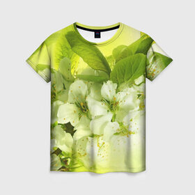 Женская футболка 3D с принтом Цветы яблони в Петрозаводске, 100% полиэфир ( синтетическое хлопкоподобное полотно) | прямой крой, круглый вырез горловины, длина до линии бедер | белый | весна | дерево | зеленый | природа | растения | цветы | яблоня