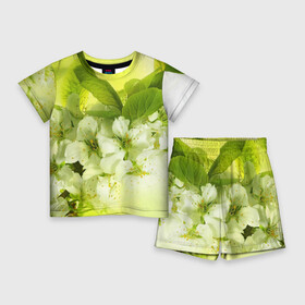 Детский костюм с шортами 3D с принтом Цветы яблони в Петрозаводске,  |  | белый | весна | дерево | зеленый | природа | растения | цветы | яблоня