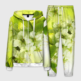 Мужской костюм 3D с принтом Цветы яблони в Петрозаводске, 100% полиэстер | Манжеты и пояс оформлены тканевой резинкой, двухслойный капюшон со шнурком для регулировки, карманы спереди | Тематика изображения на принте: белый | весна | дерево | зеленый | природа | растения | цветы | яблоня