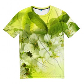 Мужская футболка 3D с принтом Цветы яблони в Петрозаводске, 100% полиэфир | прямой крой, круглый вырез горловины, длина до линии бедер | белый | весна | дерево | зеленый | природа | растения | цветы | яблоня