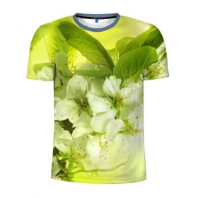 Мужская футболка 3D спортивная с принтом Цветы яблони в Петрозаводске, 100% полиэстер с улучшенными характеристиками | приталенный силуэт, круглая горловина, широкие плечи, сужается к линии бедра | Тематика изображения на принте: белый | весна | дерево | зеленый | природа | растения | цветы | яблоня