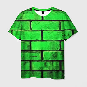 Мужская футболка 3D с принтом Зелёные кирпичики в Петрозаводске, 100% полиэфир | прямой крой, круглый вырез горловины, длина до линии бедер | Тематика изображения на принте: 3d | зелёные кирпичики | камень | краска | текстуры