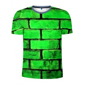 Мужская футболка 3D спортивная с принтом Зелёные кирпичики в Петрозаводске, 100% полиэстер с улучшенными характеристиками | приталенный силуэт, круглая горловина, широкие плечи, сужается к линии бедра | Тематика изображения на принте: 3d | зелёные кирпичики | камень | краска | текстуры