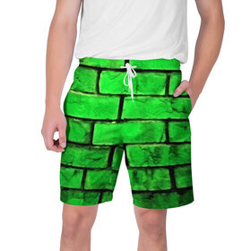 Мужские шорты 3D с принтом Зелёные кирпичики в Петрозаводске,  полиэстер 100% | прямой крой, два кармана без застежек по бокам. Мягкая трикотажная резинка на поясе, внутри которой широкие завязки. Длина чуть выше колен | 3d | зелёные кирпичики | камень | краска | текстуры