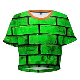 Женская футболка 3D укороченная с принтом Зелёные кирпичики в Петрозаводске, 100% полиэстер | круглая горловина, длина футболки до линии талии, рукава с отворотами | Тематика изображения на принте: 3d | зелёные кирпичики | камень | краска | текстуры