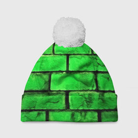 Шапка 3D c помпоном с принтом Зелёные кирпичики в Петрозаводске, 100% полиэстер | универсальный размер, печать по всей поверхности изделия | 3d | зелёные кирпичики | камень | краска | текстуры