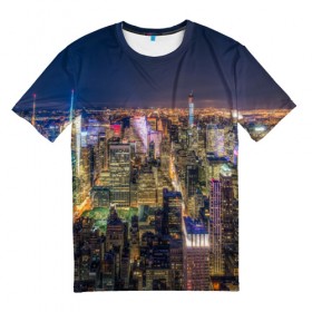 Мужская футболка 3D с принтом Ночной город 3 в Петрозаводске, 100% полиэфир | прямой крой, круглый вырез горловины, длина до линии бедер | Тематика изображения на принте: город | здания | небо | ночь | свет