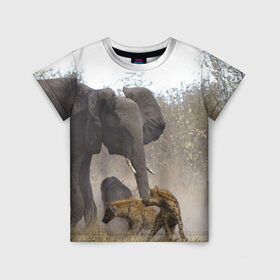 Детская футболка 3D с принтом Гиены охотятся на слона в Петрозаводске, 100% гипоаллергенный полиэфир | прямой крой, круглый вырез горловины, длина до линии бедер, чуть спущенное плечо, ткань немного тянется | африка | африканский | бивни | большой | гигант джунгли | гиены | индийский | индия | лесной великан | мамонт | огромный | охота | саванна | сафари | серый | слон | слониха | стадо | уши | хобот