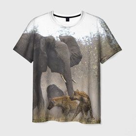 Мужская футболка 3D с принтом Гиены охотятся на слона в Петрозаводске, 100% полиэфир | прямой крой, круглый вырез горловины, длина до линии бедер | африка | африканский | бивни | большой | гигант джунгли | гиены | индийский | индия | лесной великан | мамонт | огромный | охота | саванна | сафари | серый | слон | слониха | стадо | уши | хобот