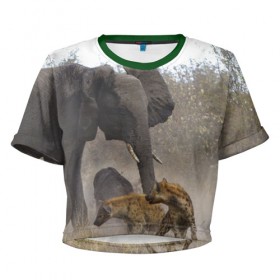 Женская футболка 3D укороченная с принтом Гиены охотятся на слона в Петрозаводске, 100% полиэстер | круглая горловина, длина футболки до линии талии, рукава с отворотами | африка | африканский | бивни | большой | гигант джунгли | гиены | индийский | индия | лесной великан | мамонт | огромный | охота | саванна | сафари | серый | слон | слониха | стадо | уши | хобот