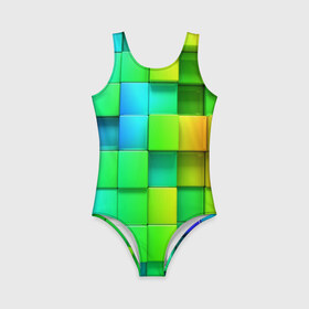 Детский купальник 3D с принтом Пазлы в Петрозаводске, Полиэстер 85%, Спандекс 15% | Слитный крой, подклад по переду изделия, узкие бретели | Тематика изображения на принте: абстракция | годнота | зеленый. кубы | пазлы | радуга | яркий