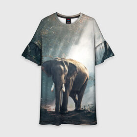 Детское платье 3D с принтом Слон в лесу в Петрозаводске, 100% полиэстер | прямой силуэт, чуть расширенный к низу. Круглая горловина, на рукавах — воланы | африка | африканский | бивни | большой | гигант джунгли | зоопарк | индийский | индия | лесной великан | мамонт | огромный | саванна | сафари | серый | слон | слоненок | слониха | стадо | уши | хобот