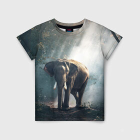Детская футболка 3D с принтом Слон в лесу в Петрозаводске, 100% гипоаллергенный полиэфир | прямой крой, круглый вырез горловины, длина до линии бедер, чуть спущенное плечо, ткань немного тянется | африка | африканский | бивни | большой | гигант джунгли | зоопарк | индийский | индия | лесной великан | мамонт | огромный | саванна | сафари | серый | слон | слоненок | слониха | стадо | уши | хобот