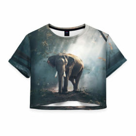 Женская футболка 3D укороченная с принтом Слон в лесу в Петрозаводске, 100% полиэстер | круглая горловина, длина футболки до линии талии, рукава с отворотами | африка | африканский | бивни | большой | гигант джунгли | зоопарк | индийский | индия | лесной великан | мамонт | огромный | саванна | сафари | серый | слон | слоненок | слониха | стадо | уши | хобот