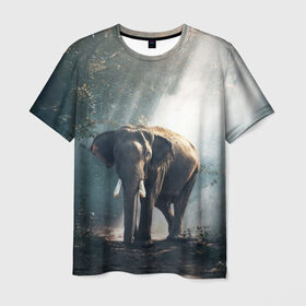 Мужская футболка 3D с принтом Слон в лесу в Петрозаводске, 100% полиэфир | прямой крой, круглый вырез горловины, длина до линии бедер | африка | африканский | бивни | большой | гигант джунгли | зоопарк | индийский | индия | лесной великан | мамонт | огромный | саванна | сафари | серый | слон | слоненок | слониха | стадо | уши | хобот