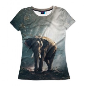 Женская футболка 3D с принтом Слон в лесу в Петрозаводске, 100% полиэфир ( синтетическое хлопкоподобное полотно) | прямой крой, круглый вырез горловины, длина до линии бедер | африка | африканский | бивни | большой | гигант джунгли | зоопарк | индийский | индия | лесной великан | мамонт | огромный | саванна | сафари | серый | слон | слоненок | слониха | стадо | уши | хобот