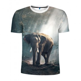 Мужская футболка 3D спортивная с принтом Слон в лесу в Петрозаводске, 100% полиэстер с улучшенными характеристиками | приталенный силуэт, круглая горловина, широкие плечи, сужается к линии бедра | африка | африканский | бивни | большой | гигант джунгли | зоопарк | индийский | индия | лесной великан | мамонт | огромный | саванна | сафари | серый | слон | слоненок | слониха | стадо | уши | хобот