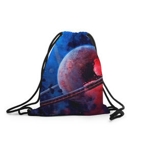 Рюкзак-мешок 3D с принтом Сатурн в Петрозаводске, 100% полиэстер | плотность ткани — 200 г/м2, размер — 35 х 45 см; лямки — толстые шнурки, застежка на шнуровке, без карманов и подкладки | Тематика изображения на принте: планеты | синий | яркий