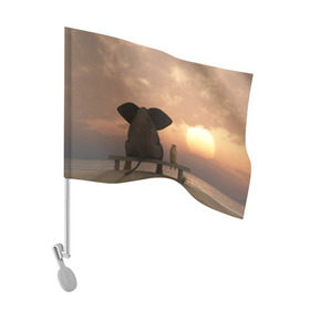 Флаг для автомобиля с принтом Слон с собакой на лавке, закат в Петрозаводске, 100% полиэстер | Размер: 30*21 см | 