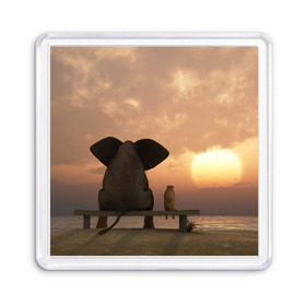 Магнит 55*55 с принтом Слон с собакой на лавке, закат в Петрозаводске, Пластик | Размер: 65*65 мм; Размер печати: 55*55 мм | 