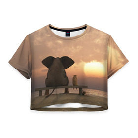 Женская футболка 3D укороченная с принтом Слон с собакой на лавке, закат в Петрозаводске, 100% полиэстер | круглая горловина, длина футболки до линии талии, рукава с отворотами | 