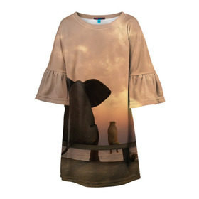 Детское платье 3D с принтом Слон с собакой на лавке, закат в Петрозаводске, 100% полиэстер | прямой силуэт, чуть расширенный к низу. Круглая горловина, на рукавах — воланы | 