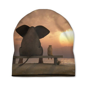 Шапка 3D с принтом Слон с собакой на лавке, закат в Петрозаводске, 100% полиэстер | универсальный размер, печать по всей поверхности изделия | 