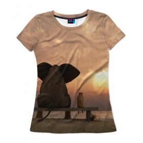 Женская футболка 3D с принтом Слон с собакой на лавке, закат в Петрозаводске, 100% полиэфир ( синтетическое хлопкоподобное полотно) | прямой крой, круглый вырез горловины, длина до линии бедер | 