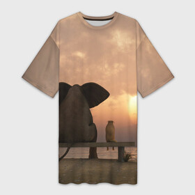 Платье-футболка 3D с принтом Слон с собакой на лавке, закат в Петрозаводске,  |  | 