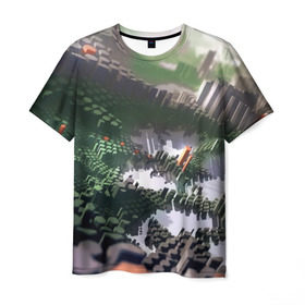 Мужская футболка 3D с принтом Объемный эквалайзер в Петрозаводске, 100% полиэфир | прямой крой, круглый вырез горловины, длина до линии бедер | 3д | графика | зеленый | объемный | оранжевый | эквалайзер