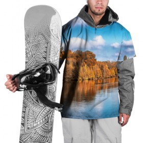 Накидка на куртку 3D с принтом Река в Петрозаводске, 100% полиэстер |  | берег | вода | деревья | лес | небо | осень | природа | река