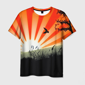 Мужская футболка 3D с принтом Закат в Петрозаводске, 100% полиэфир | прямой крой, круглый вырез горловины, длина до линии бедер | Тематика изображения на принте: 3d | деревья | другие | закат | картинка | лето | линии | полосы | прикольные | природа | птицы | растение | солнце | цветные | япония | яркие