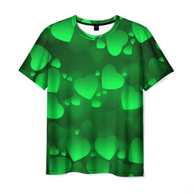 Мужская футболка 3D с принтом Зеленые сердечки в Петрозаводске, 100% полиэфир | прямой крой, круглый вырез горловины, длина до линии бедер | Тематика изображения на принте: 14 февраля | 3d | день святого валентина | другие | зеленые | картинки | красивые | любовь | праздник | прикольные | сердечки | текстуры | яркие